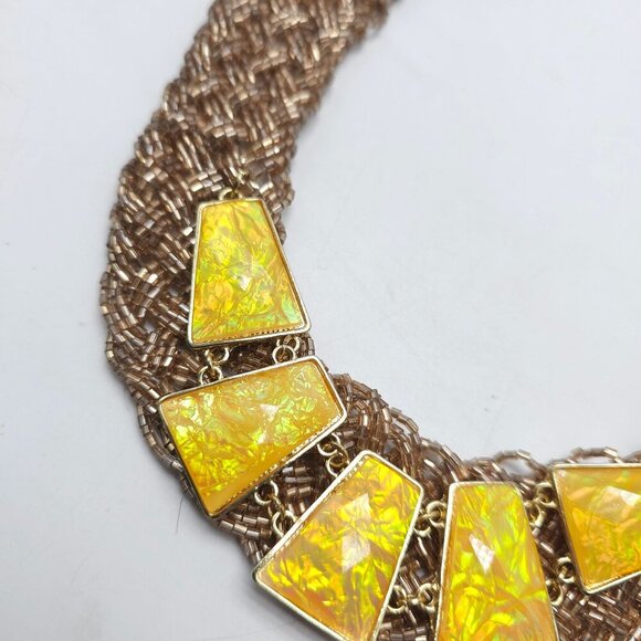 Chunky Yellow Statement Necklace With Braided Brown Beads Adjustable Chain - Picture 2 of 6